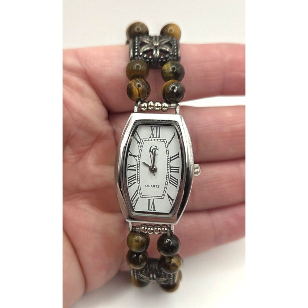 GC Tigers Eye Bead Wrist Watch Stretch Band Silver Tone Roman Numerals Works